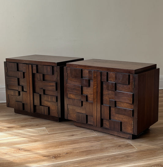 Lane Walnut Brutalist Nightstands - PAIR