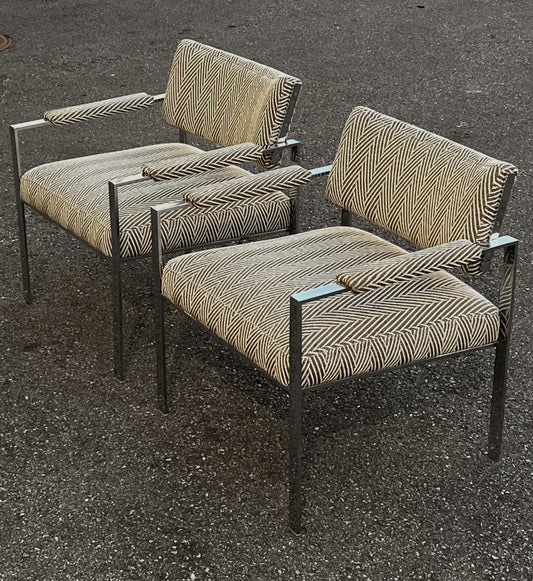 Upholstered MCM Chrome Chairs PAIR